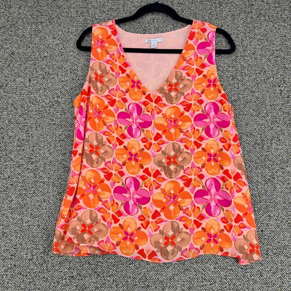 Cato Floral Geometric Sleeveless Chiffon V-Neck Tank Top Orange Pink L